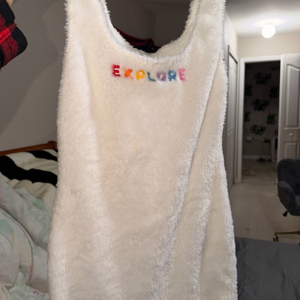 SHEIN White Fuzzy Tank with Colorful Embroidery